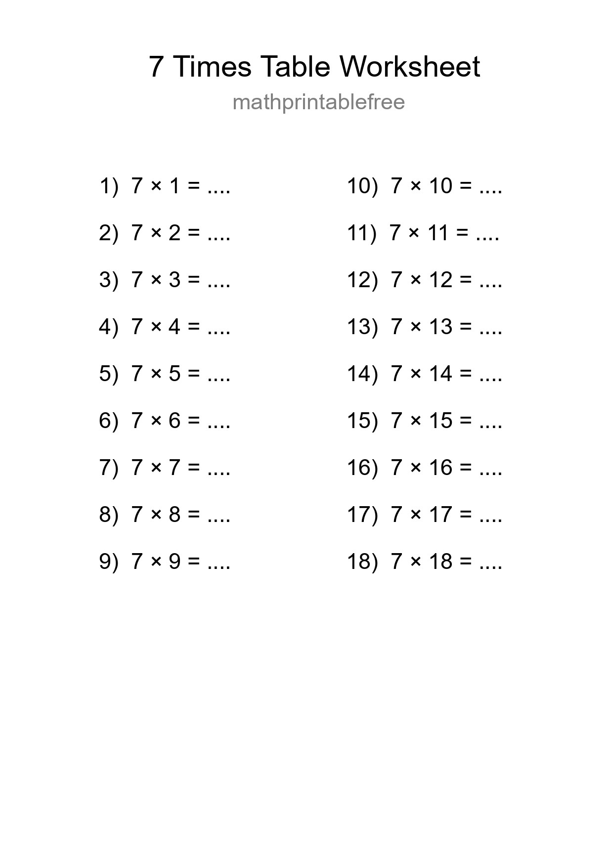 7 Times Table Worksheet For Grade 3 With Answers - Part 9