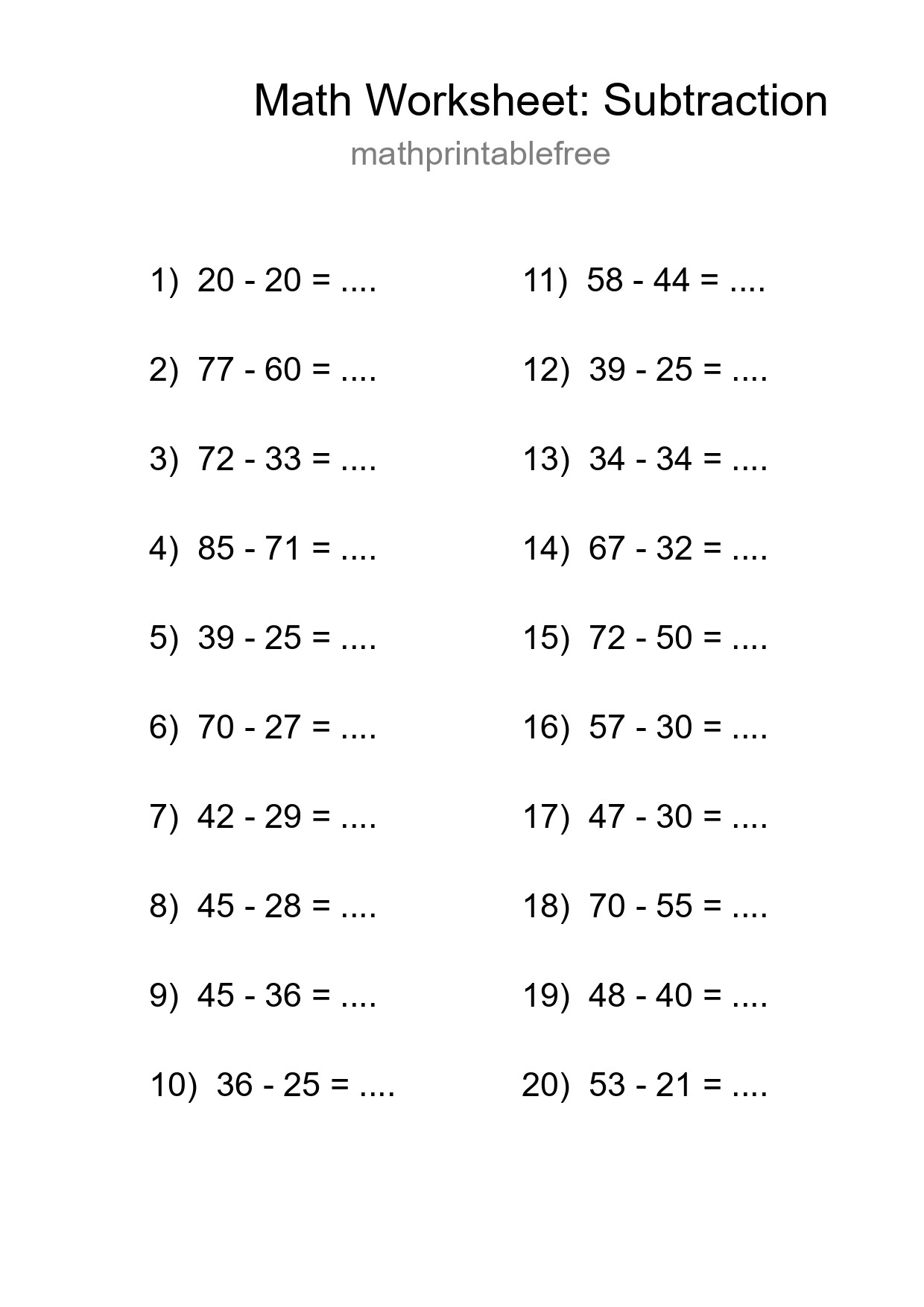 Free 20 Subtraction Math Worksheet For Grade 3 With Answers - Part 8