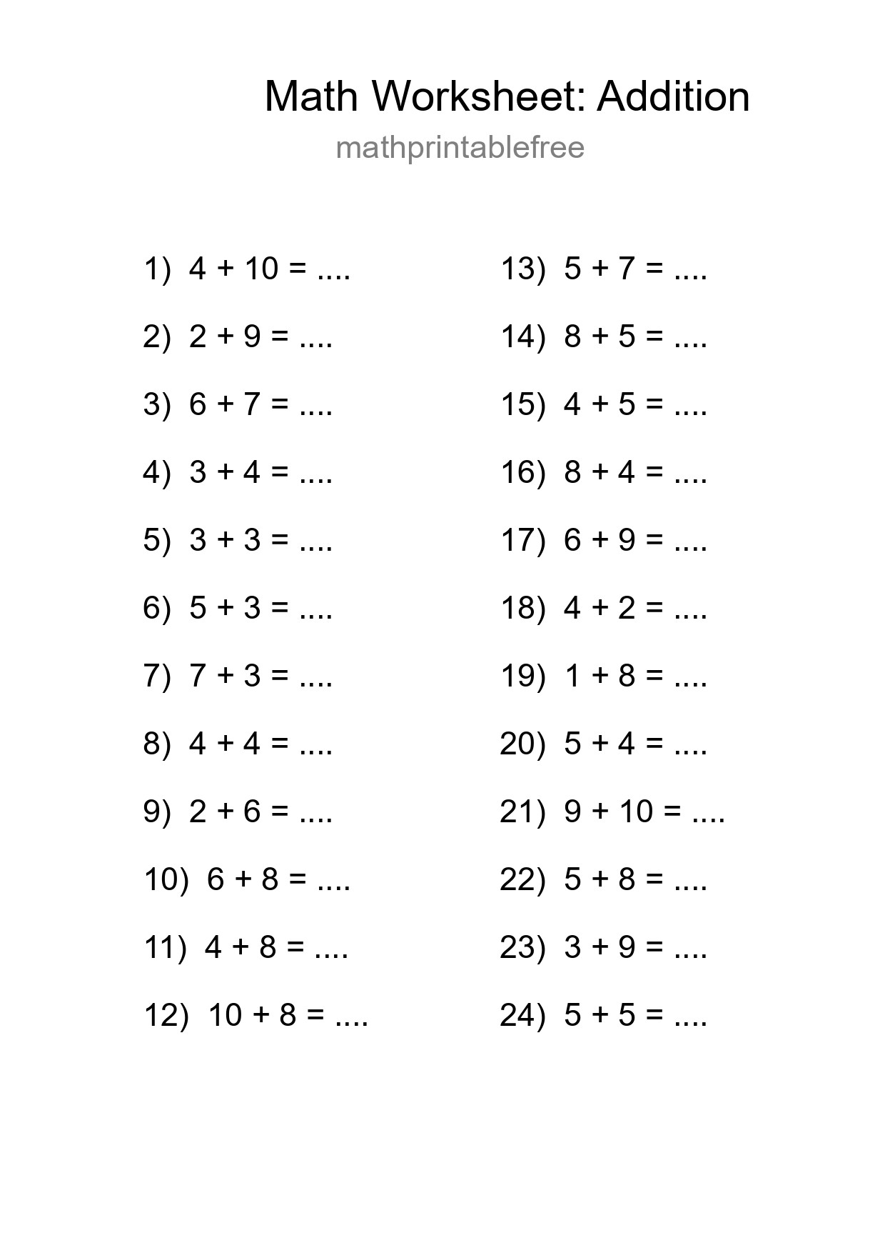 Grade 1 Addition Practice Worksheet (24 Problems) - Part 31