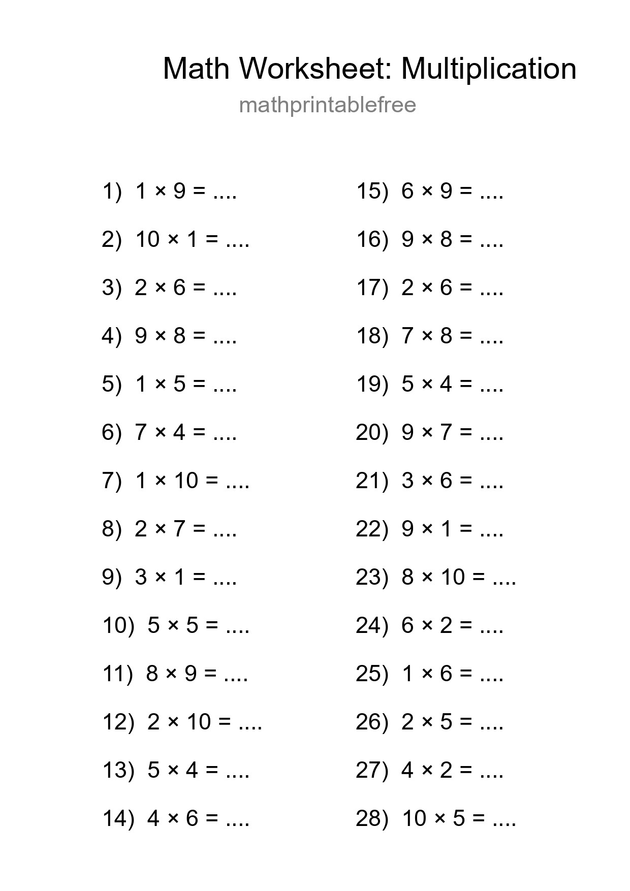 Grade 1 Multiplication Practice Worksheet (28 Problems) - Part 27