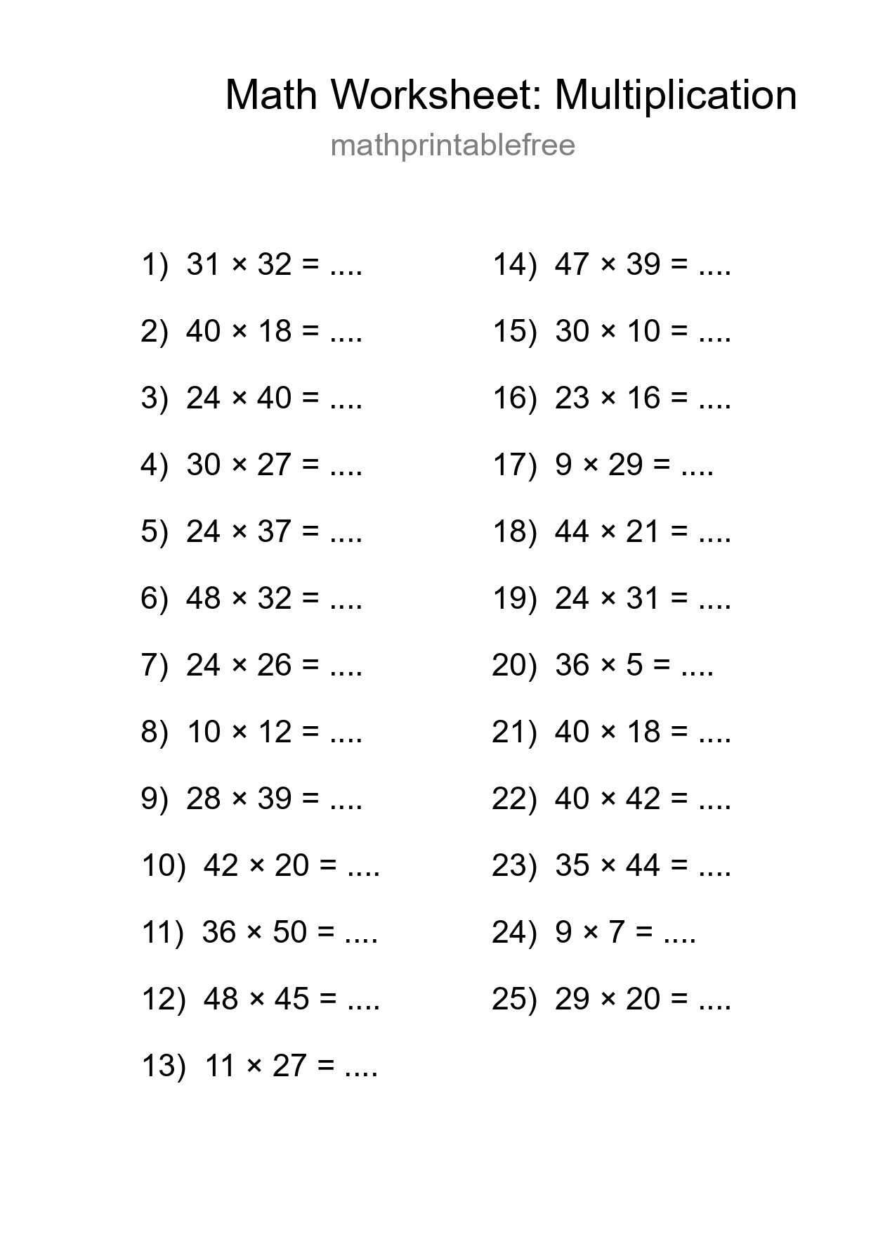 Grade 2 Multiplication Practice Worksheet (25 Problems) - Part 7