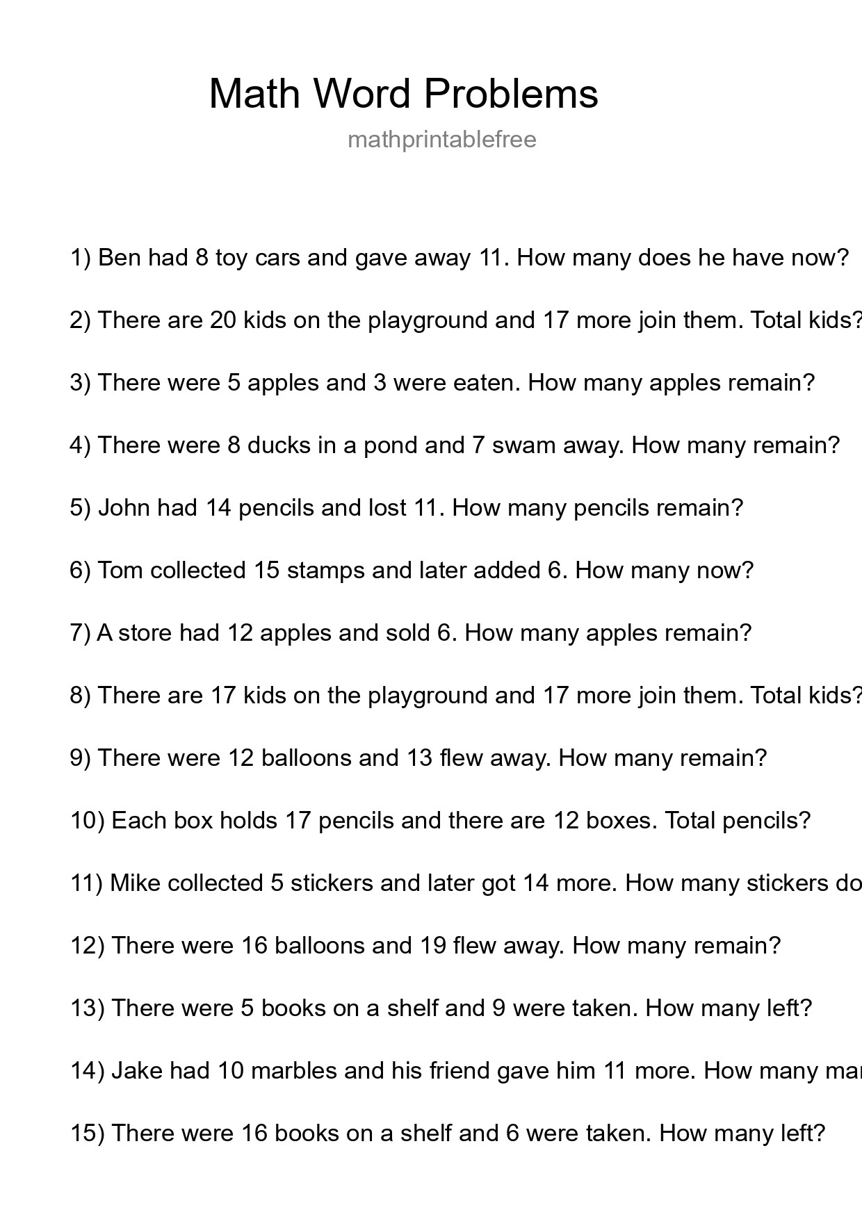 Math Word Problem Worksheet