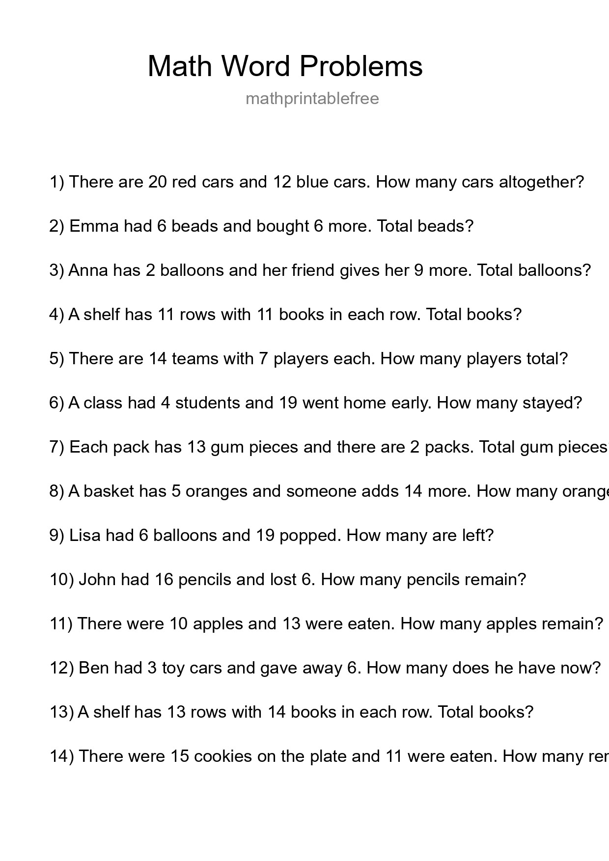 Math Word Problem Worksheet