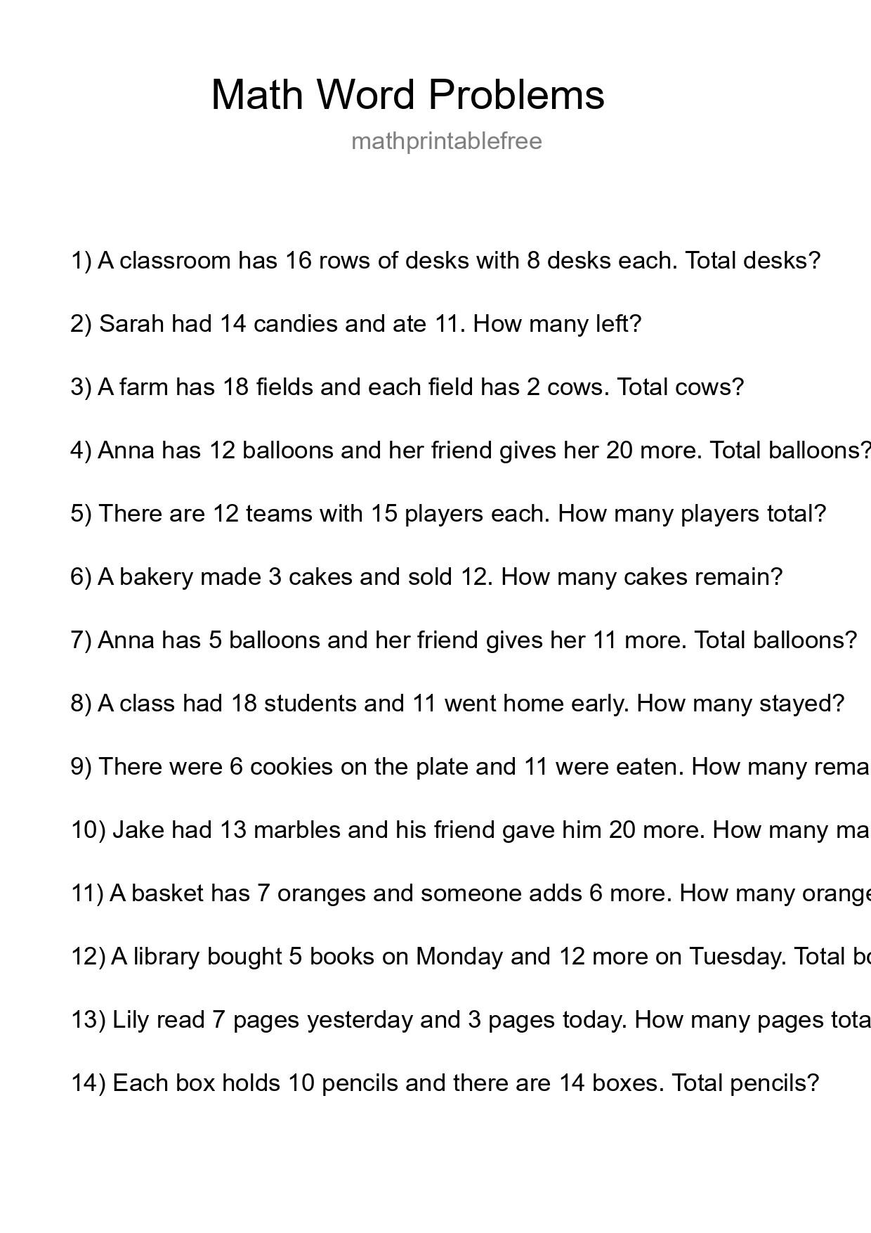 Math Word Problem Worksheet