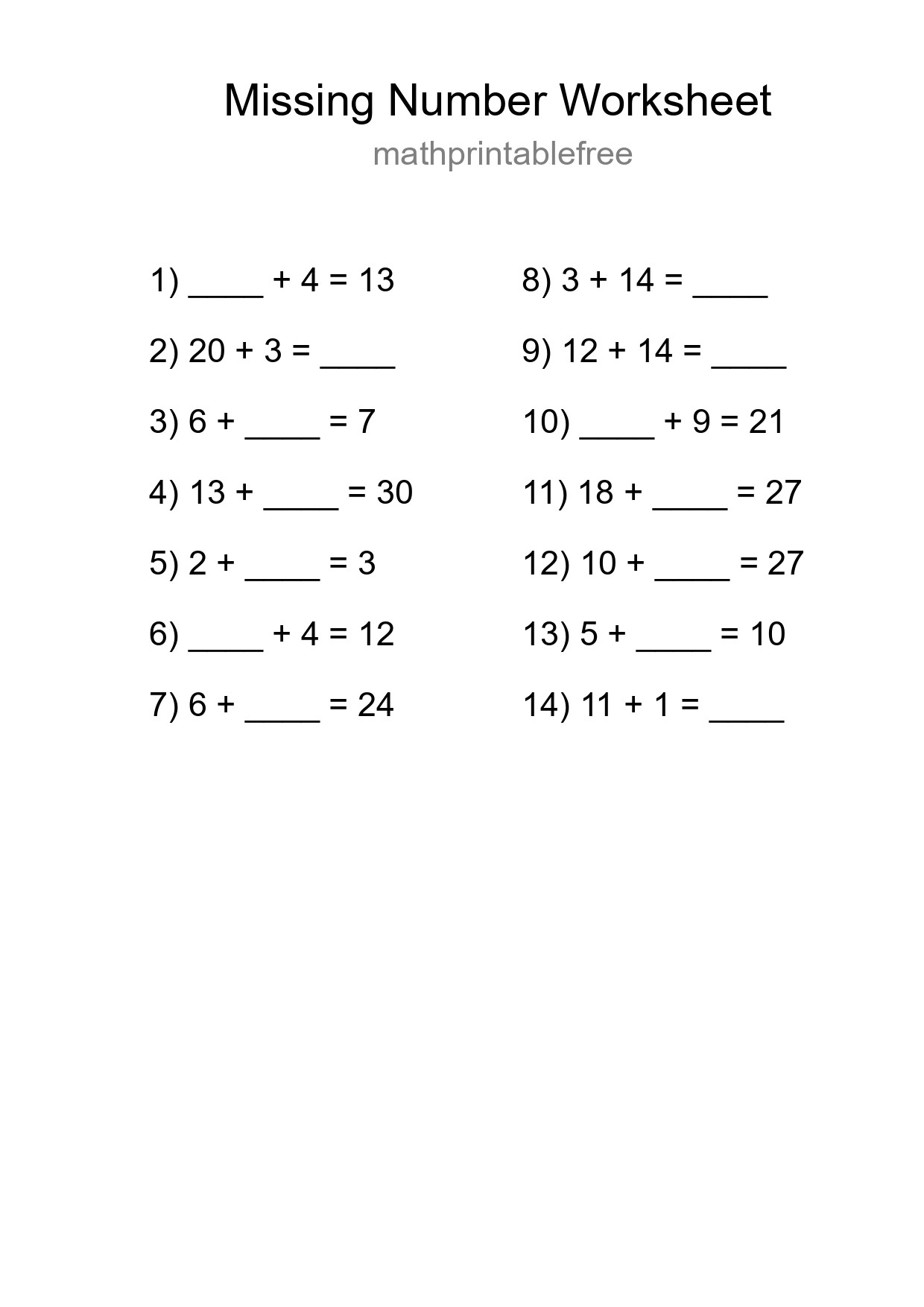 Missing Number Math Worksheet