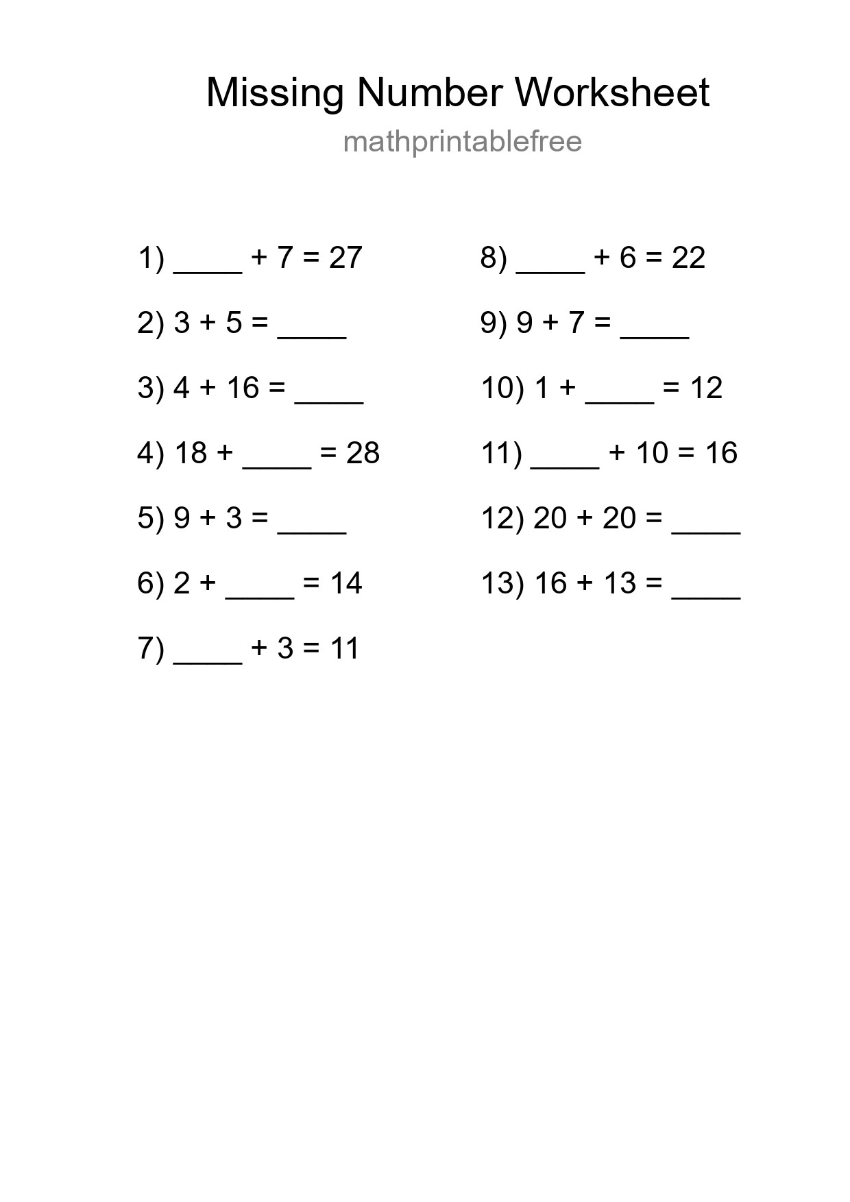 Missing Number Math Worksheet