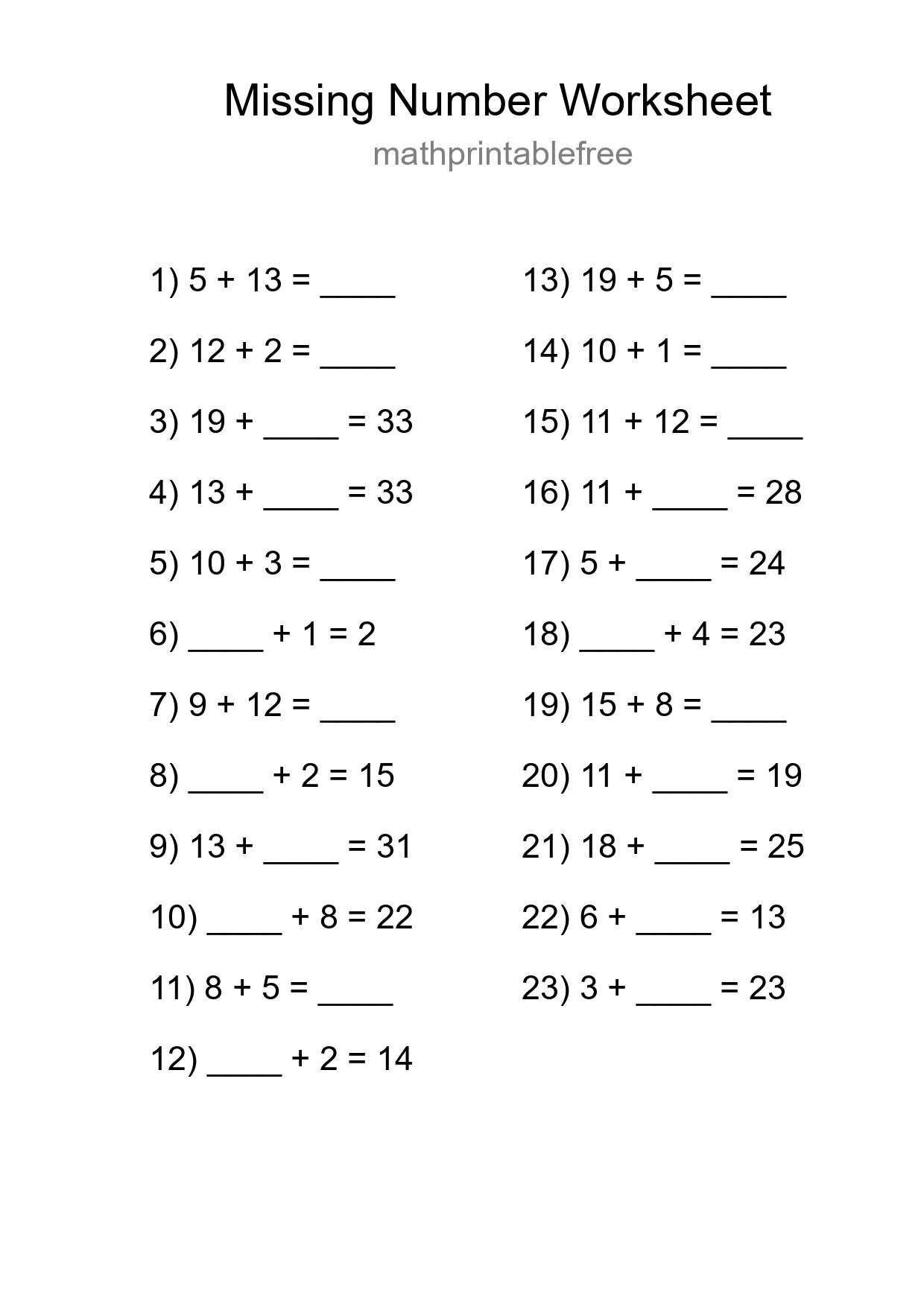 Missing Number Math Worksheet