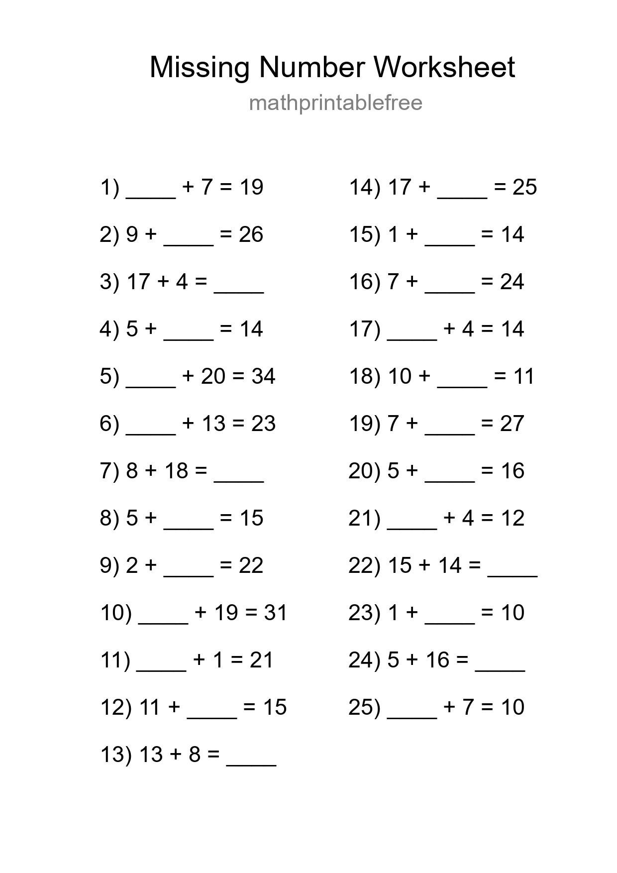 Missing Number Math Worksheet