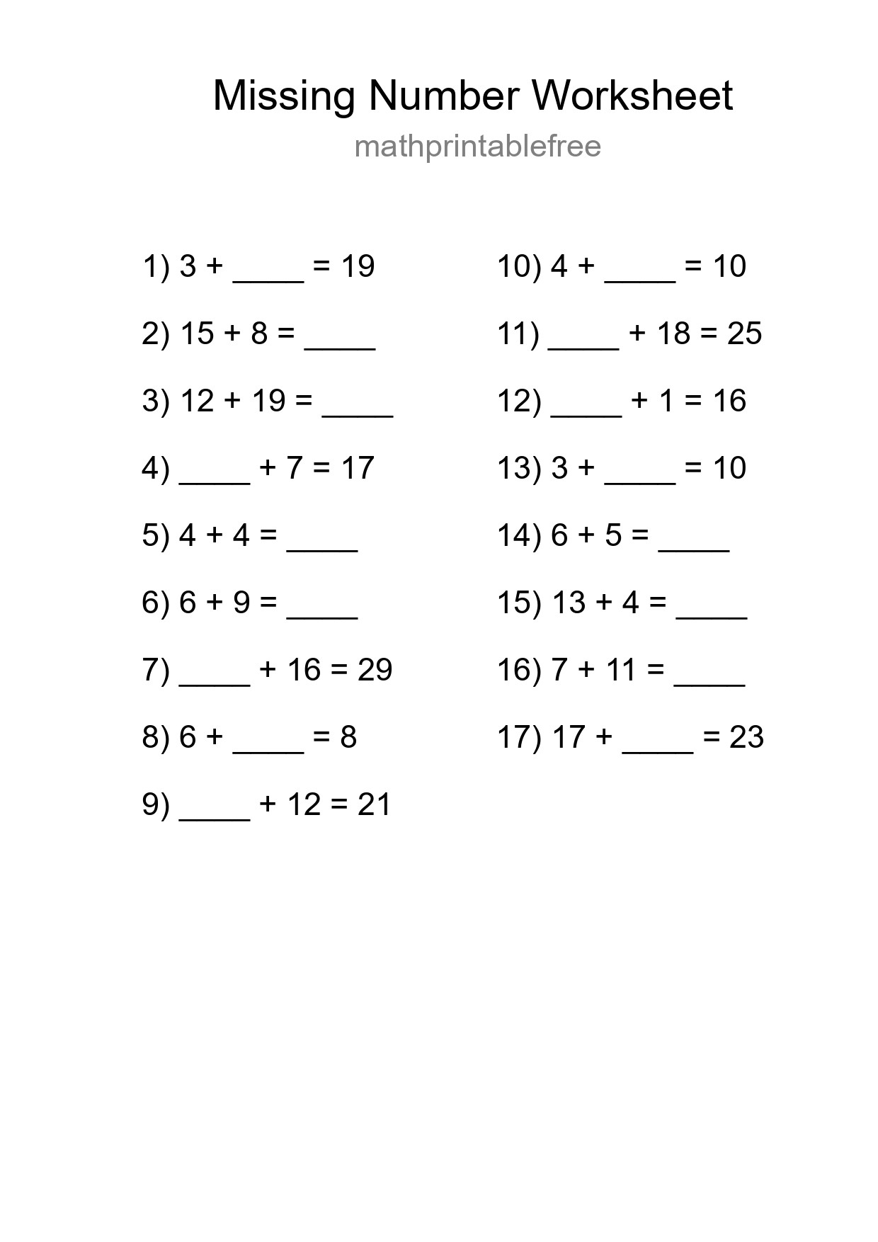Missing Number Math Worksheet