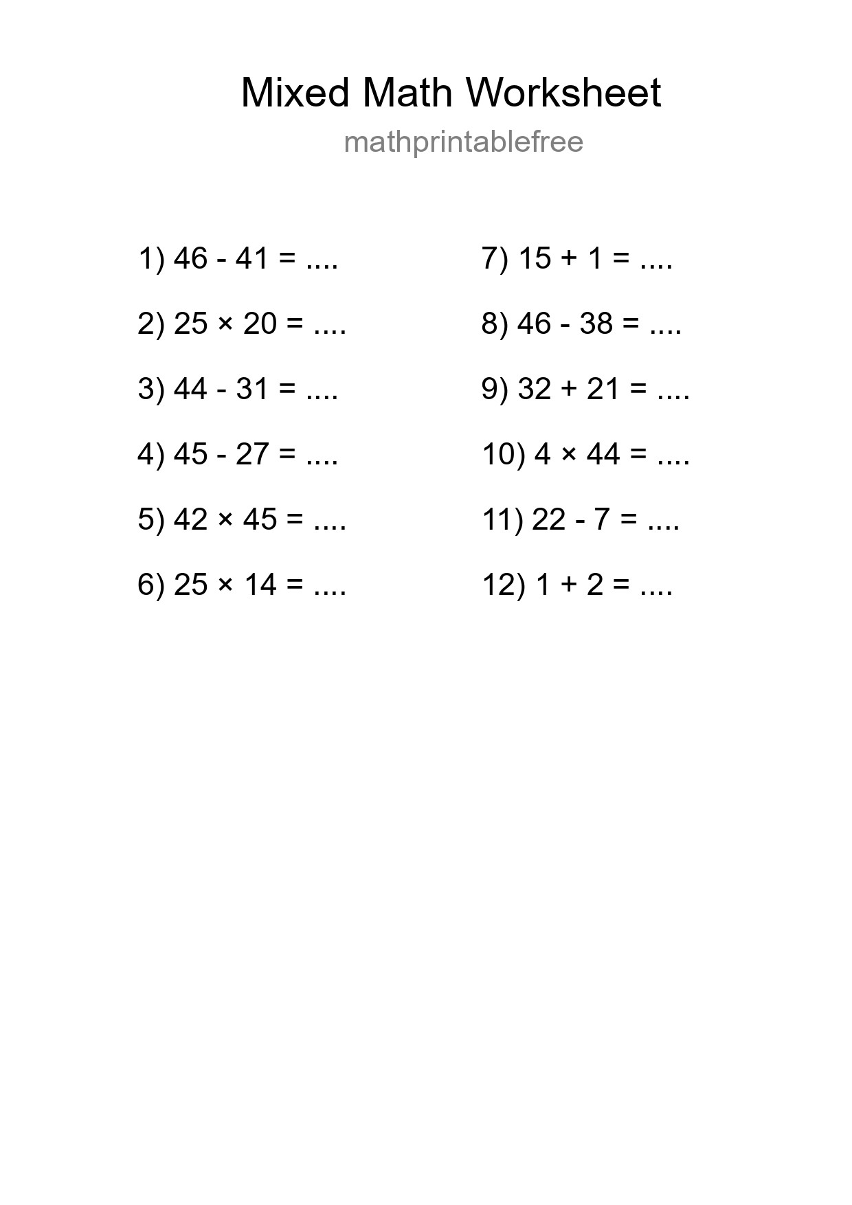 Mixed Operations Math Worksheet