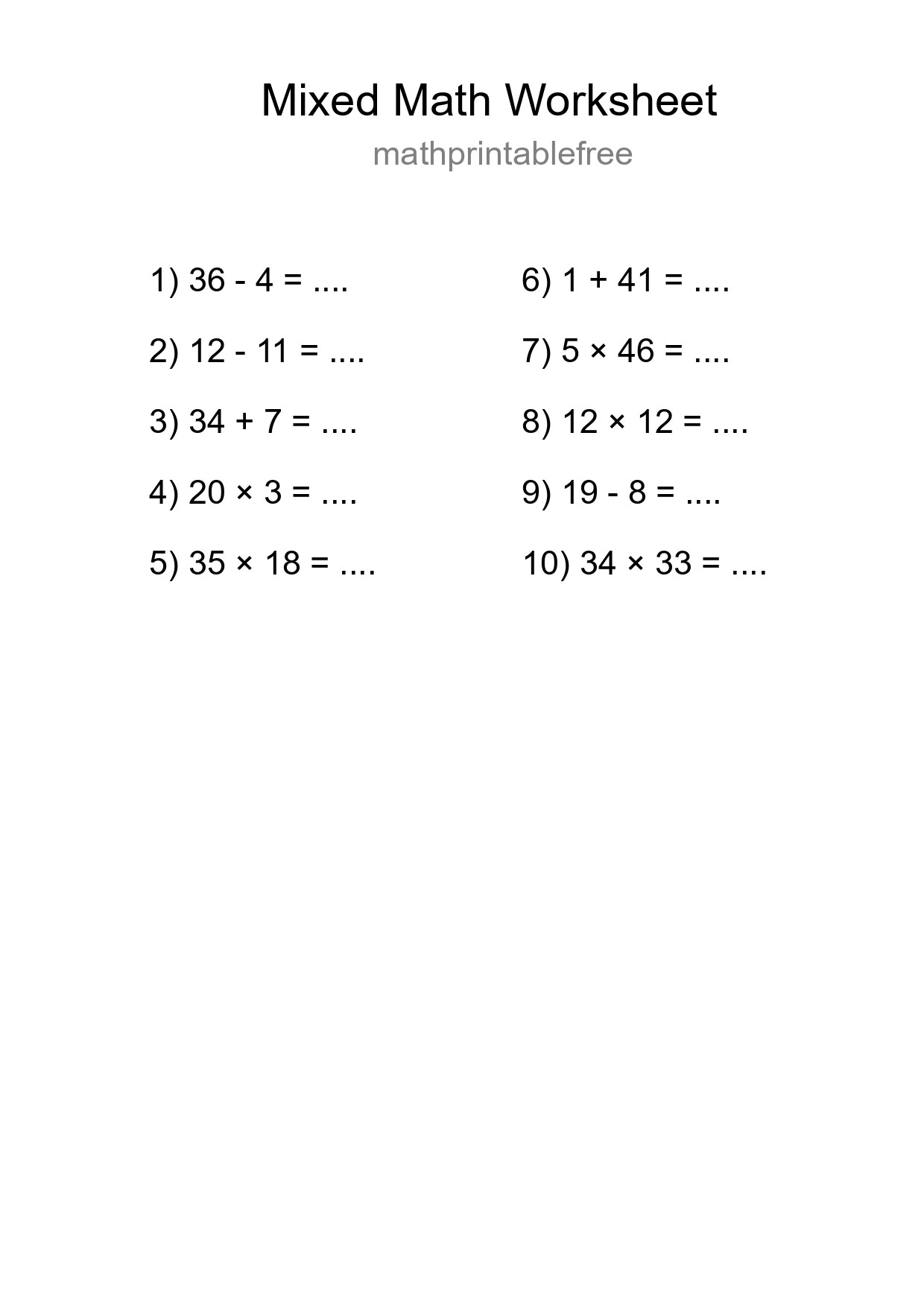 Mixed Operations Math Worksheet