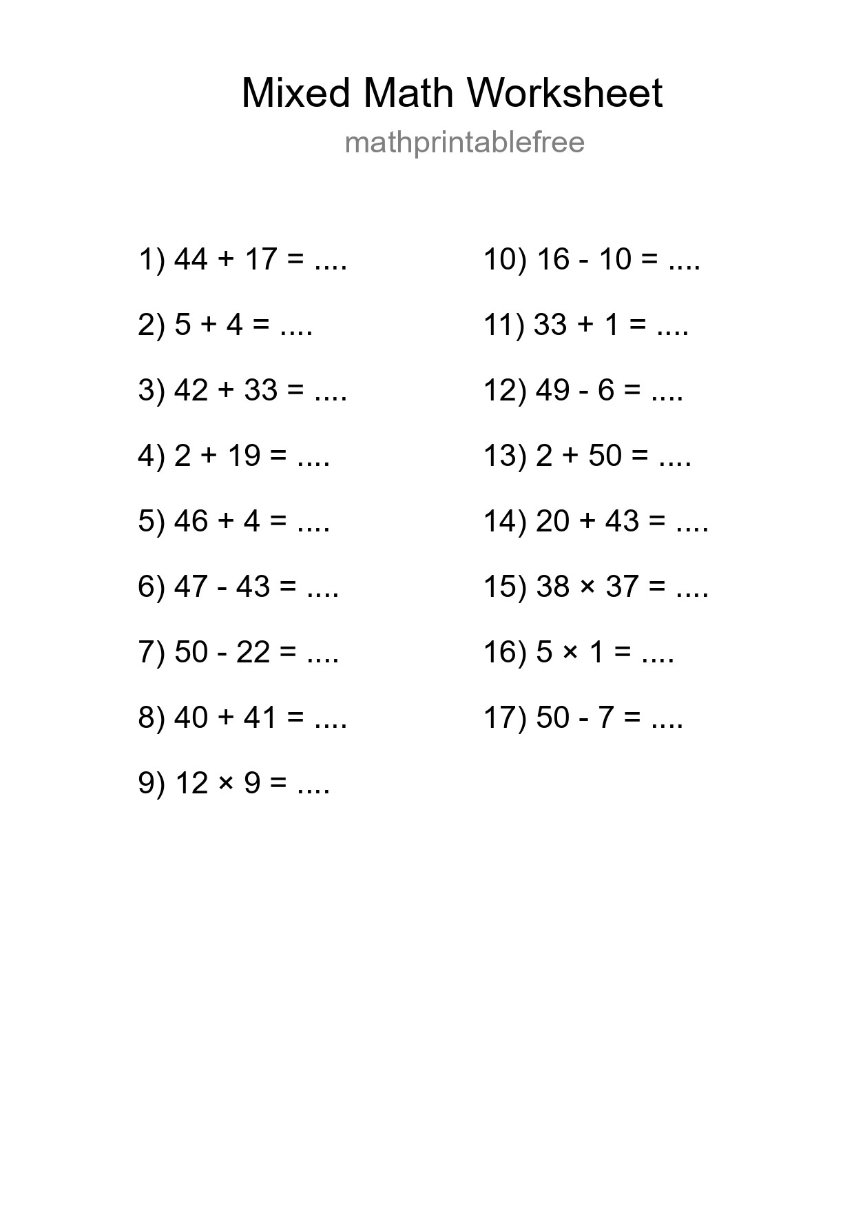 Mixed Operations Math Worksheet