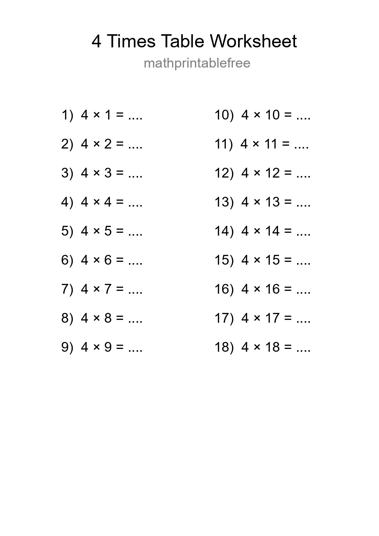 Printable 4 Times Table Worksheet For Grade 2 - Part 39