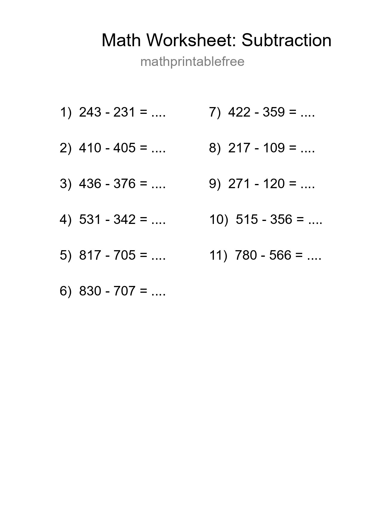 Printable Free 11 Subtraction Math Worksheet For Grade 5 - Part 18