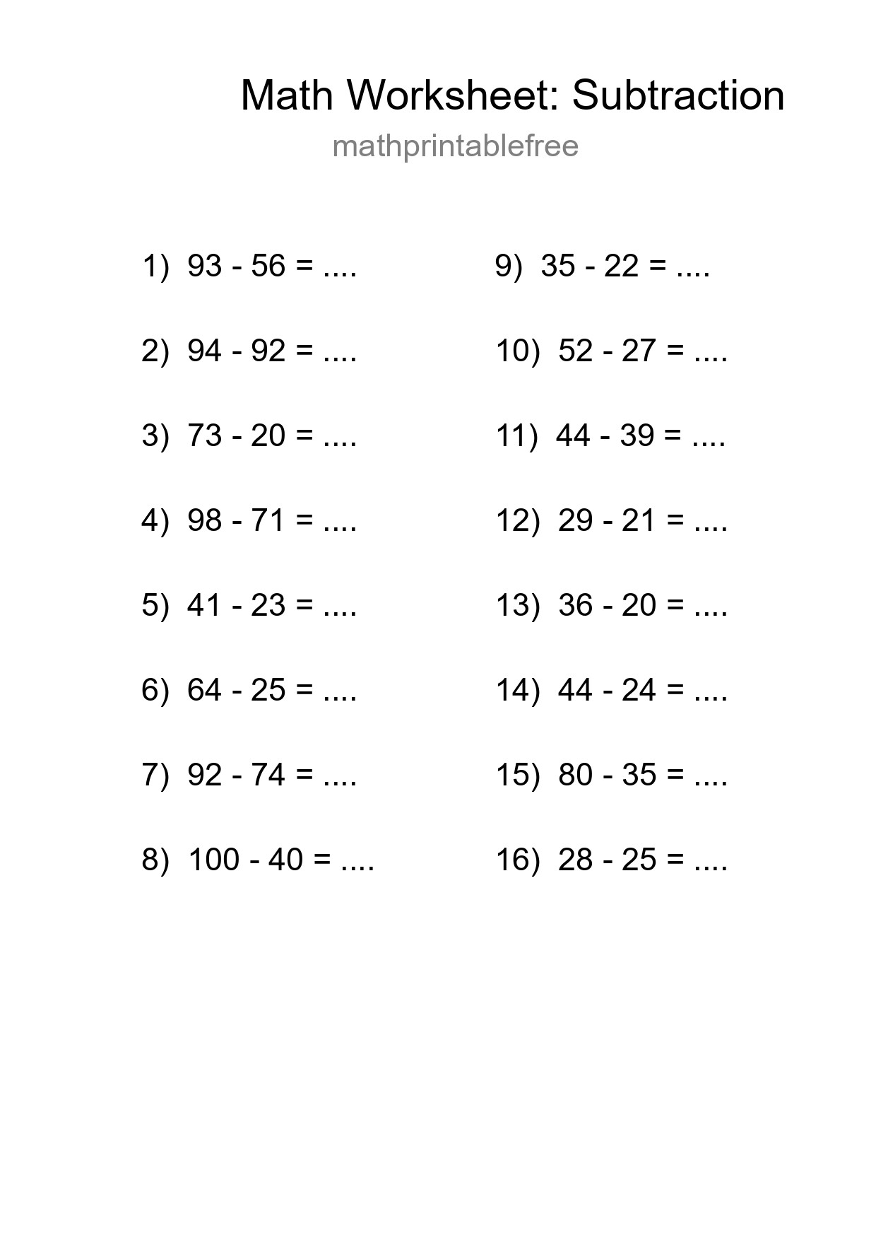 Printable Free 16 Subtraction Math Worksheet For Grade 3 - Part 38