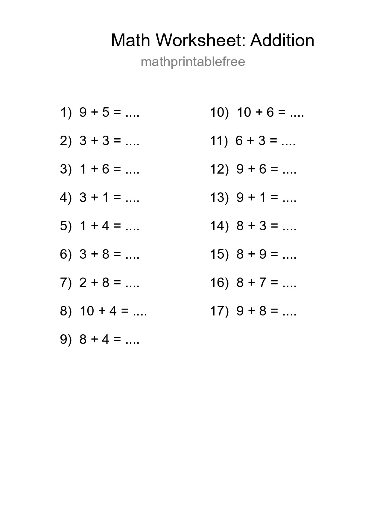 Printable Free 17 Addition Math Worksheet For Grade 1