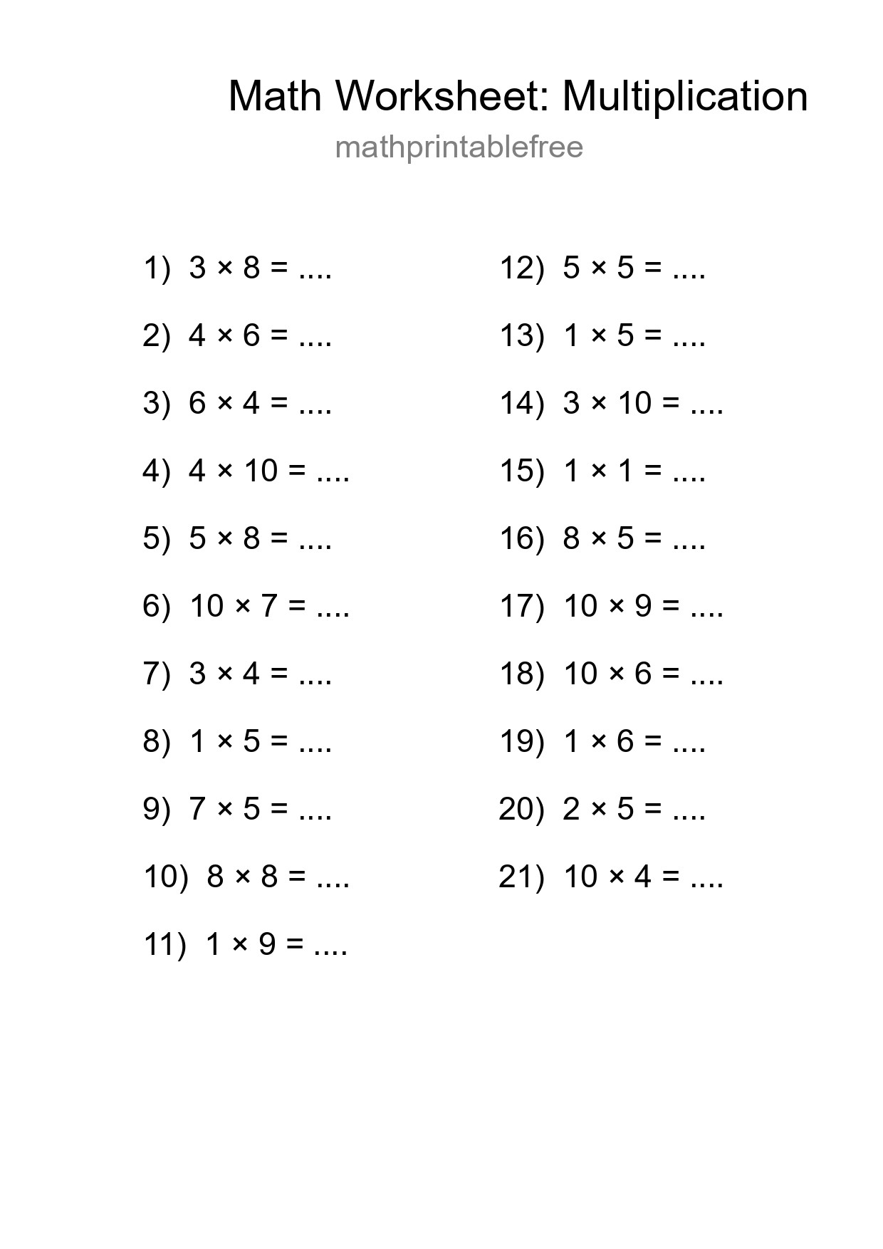 Printable Free 21 Multiplication Math Worksheet For Grade 1 - Part 37