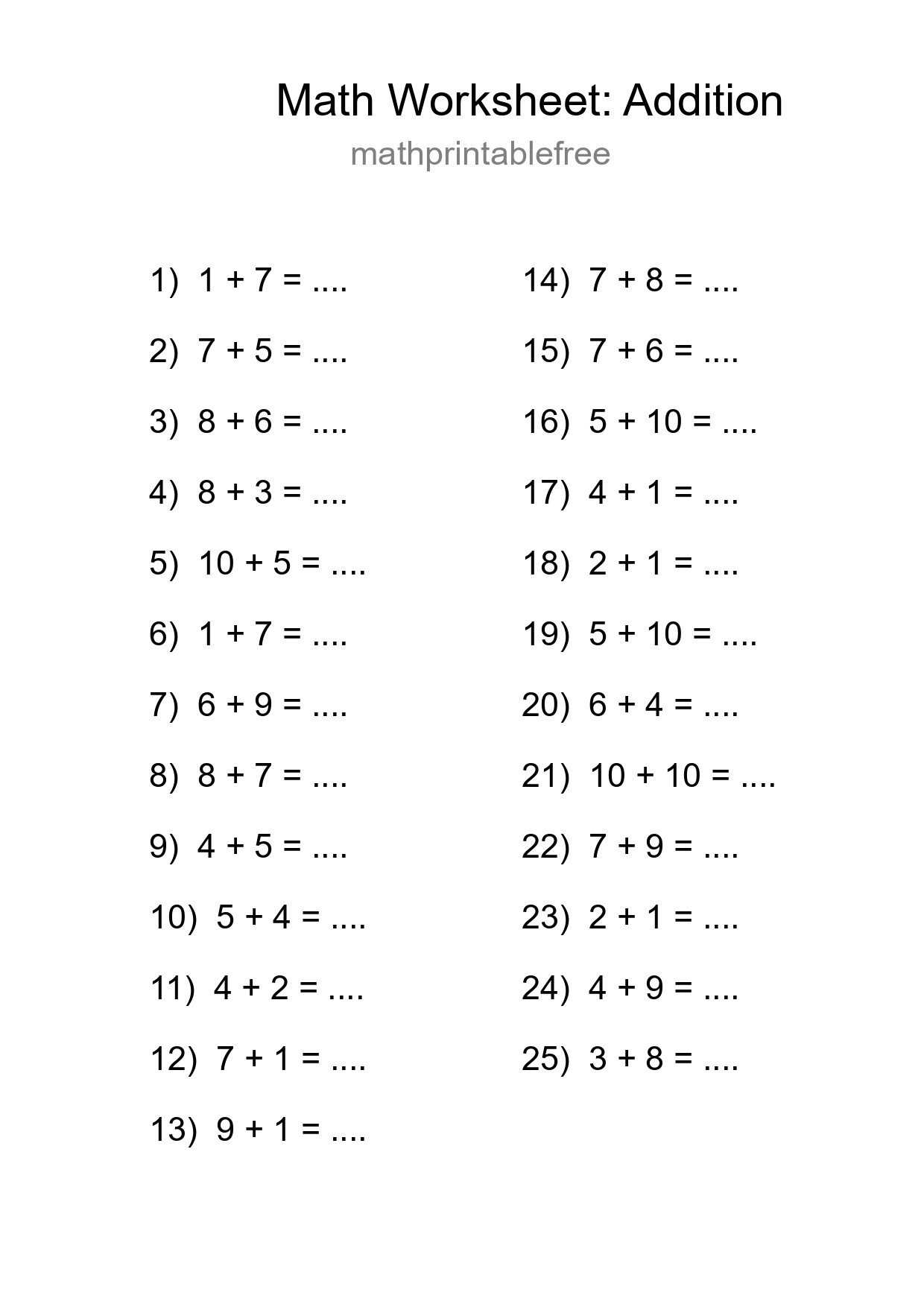 Printable Free 25 Addition Math Worksheet For Grade 1 - Part 11