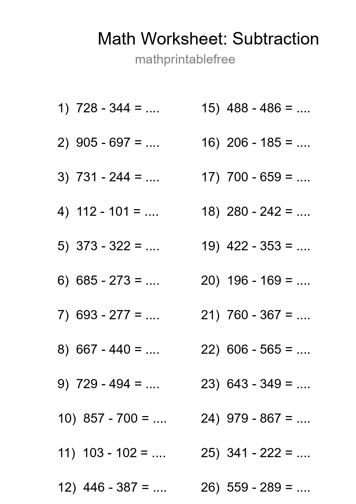 Printable Free 28 Subtraction Math Worksheet For Grade 5 - Part 48