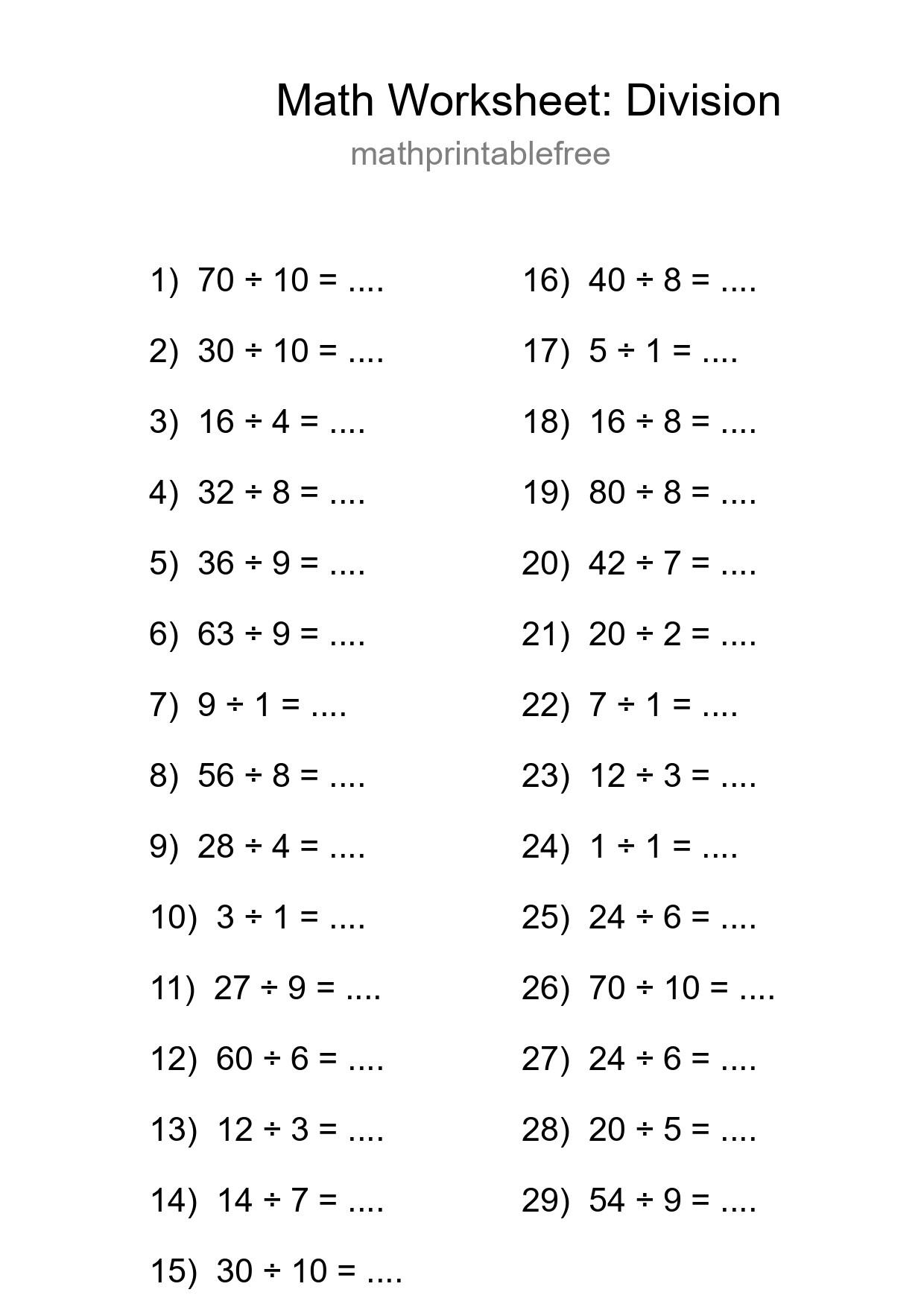 Printable Free 29 Division Math Worksheet For Grade 1 - Part 44